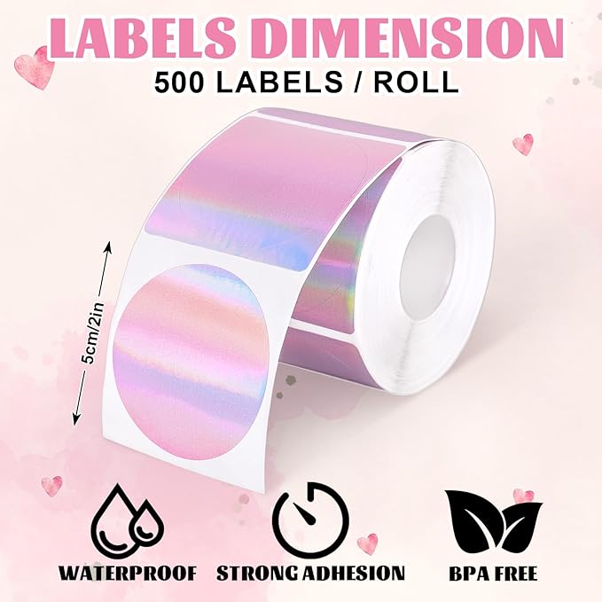 JarThenaAMCS 2 Inch Holographic Direct Thermal Labels Pink Round Iridescent Color Coding Dot Label Stickers Glitter Rainbow Self-Adhesive Printer Decals for DIY Name Price Tag Logo Design, 500Pcs