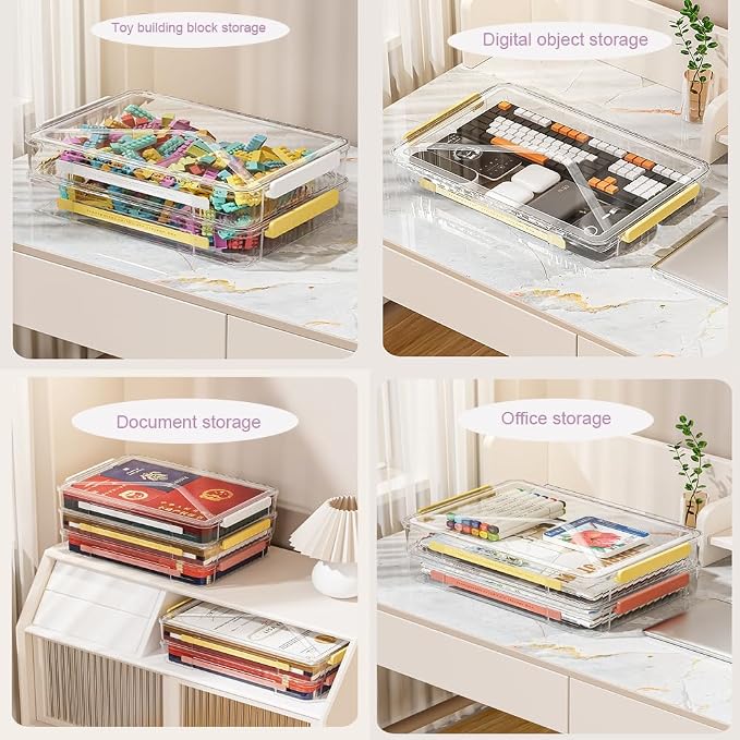 2 Pack Clear Plastic File Storage Boxes with Latching Lids, Transparent Certificate Organizer, Portable Project Case for Drawers, Clear Stackable File Box for A4 Files (‎Red Latches, Small)