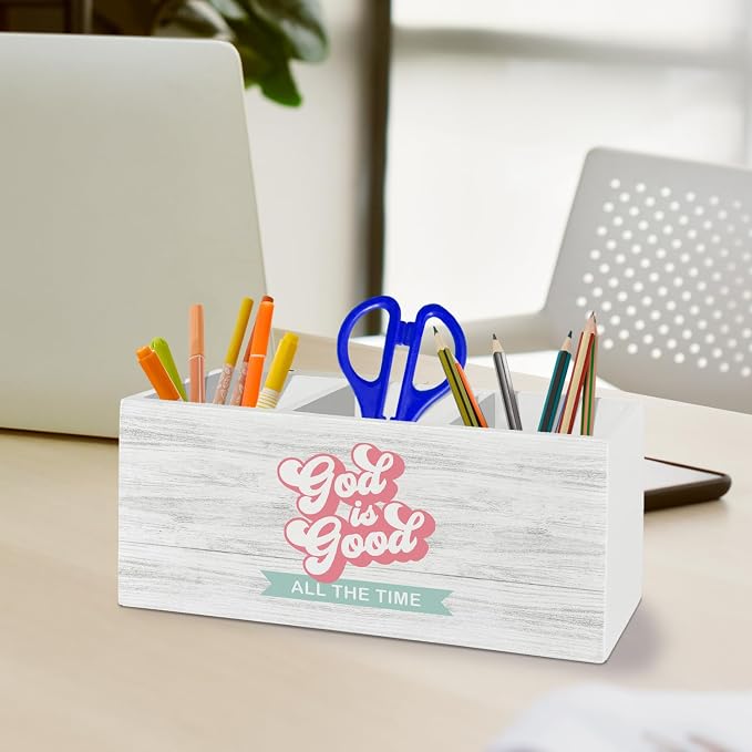 Inspirational Christian Pen Pencil Holder Organizer for Desk Accessories, God Is Good Bible Verse Religious Wooden Box Sign Desk Decor for Home Office Decoration, Christian Gifts for Women