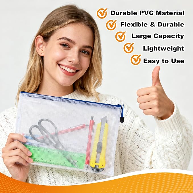 Mesh Zipper Pouch Bags - 5 Pack Large Waterproof Zipper Bags 13.2 x 9.4 Inch Clear Mesh Storage Pouches Assorted Colors for Home, Office, School, Travel, Puzzles, Board Game, Cosmetic, Accessories