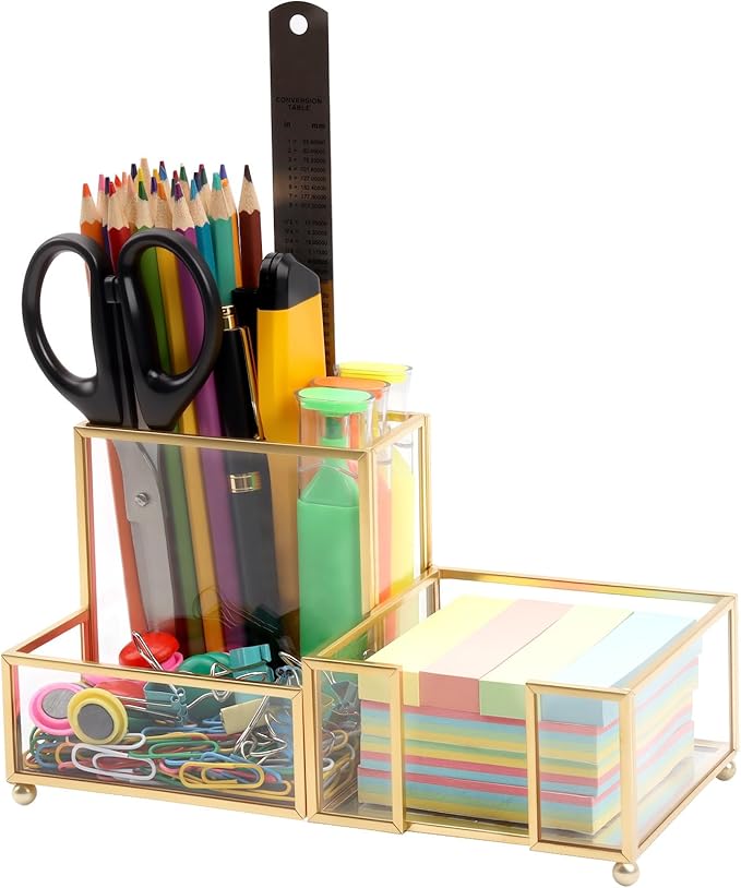 Desk Organizer with 3-Compartments,Glass Small Desk Organizer for Pens Pencils Business Cards Sticky Notes Paper Clips,Gold Stylish Pen Holder for Desk Home Office Decor