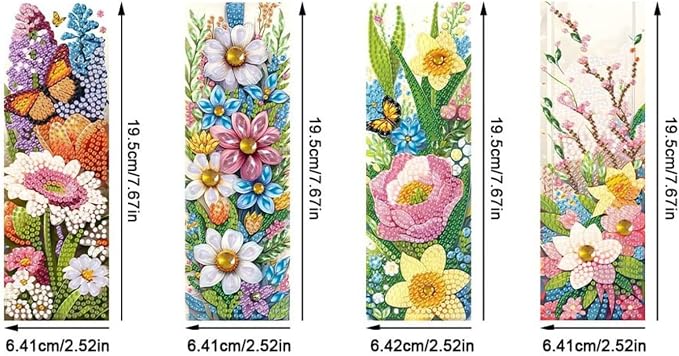 ARTopet 4Pcs DIY Diamond Art Painting Bookmarks with Colorful Butterfly Pendant PET Bookmark Ornament Double Sided Pattern Single Sided Diamond Book Marker Clip Gifts Tags-Flowers01