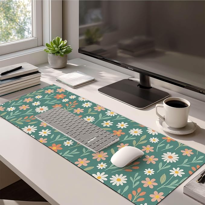 HOMETITUTE Large Mouse Pad 31.5 x 11.8 Inch Daisy Floral Desk Mat Extended Keyboard Pad Non Slip Computer Mouse Pads Waterproof Desk Pad for Office Accessories Gaming Home Workspace Decor