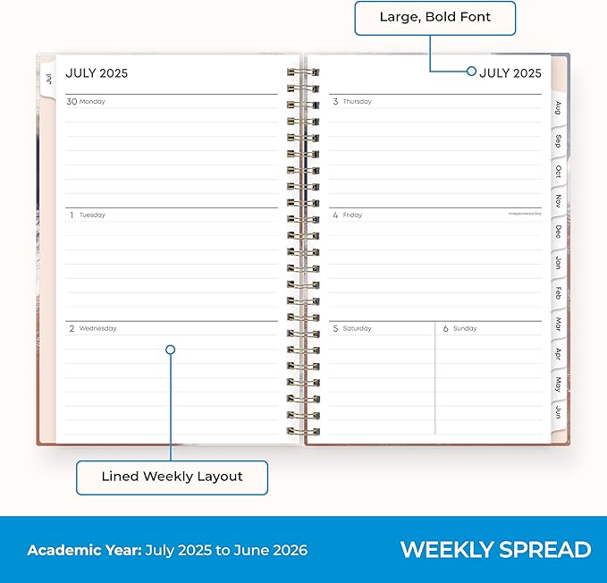 Blue Sky 2025-2026 Weekly and Monthly Academic Year Planner Calendar, July 2025 - June 2026, 5" x 8", Hard Cover, Wirebound, Storage Pocket, Laminated Tabs, Stickers, Ansel