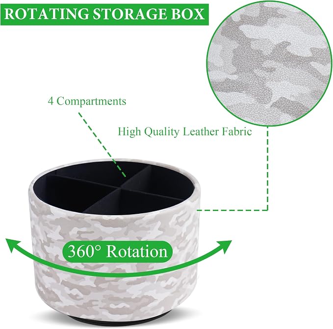 Round Leather Art Supply Organizer,Remote Control Holder,360 Degree Rotating,Multi-Functional Pencil Holder,4 Compartments Desktop Stationary Organizer(1-Camouflage White)