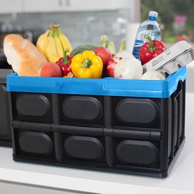 12 Gallon Collapsible Storage Bin, Plastic Foldable Storage Crate with Handles, Stackable Black & Blue for Home Garage Office, Built-in File Rails