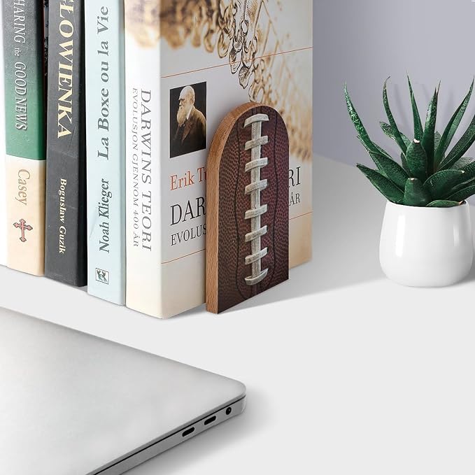 Vintage American Football Book Ends Decorative Wood Bookends for Shelves Kids Room Desk Home Office Book Stoppers for Magazines,Books, DVDs, 1 Pair/2 Pieces(5x3.1 in)
