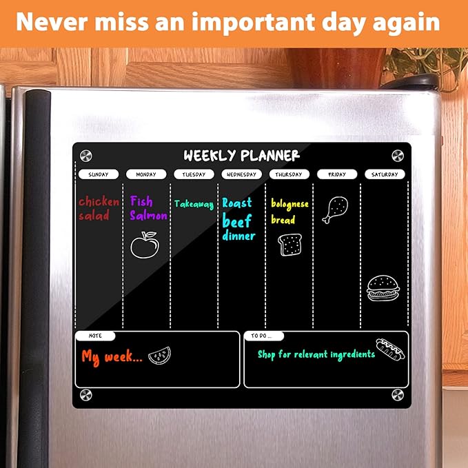 Kamehame Weekly Dry Erase Board for Refrigerator, Magnetic Weekly Calendar for Fridge, Black Acrylic Note Board, Planner Schedule Board, Double-Sided Use