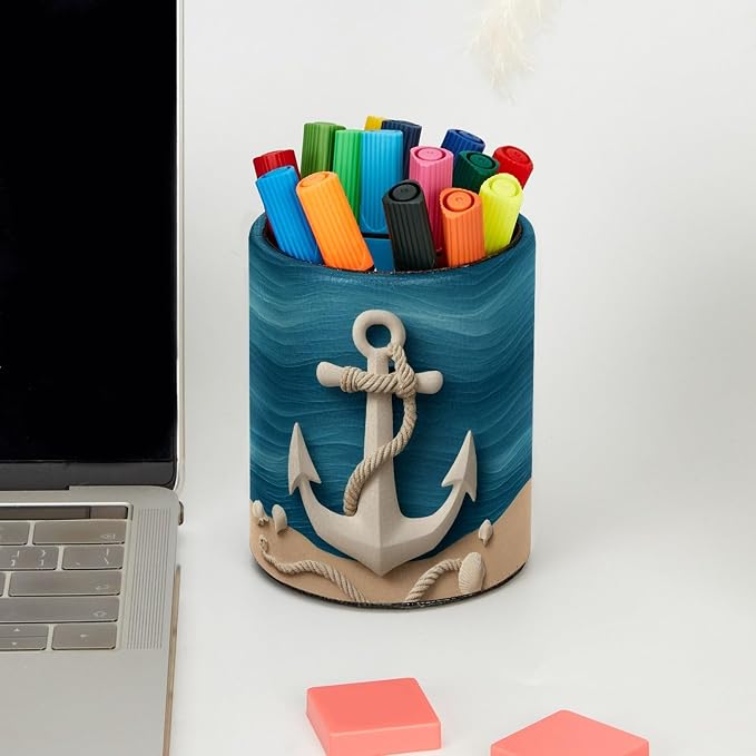 Leather Pen Holder for Desk, Anchor Makeup Brushes Holder Pencil Cup Multifunctional Desktop Organizer Caddy for Home School Office Desk Accessories