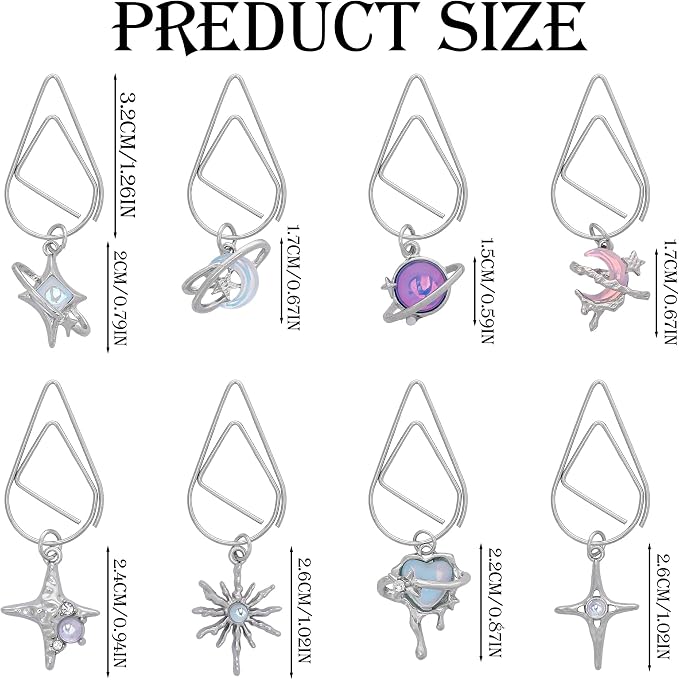 Fantasy Metal Bookmark Gift - 8 PCs Cute Y2K Star Moon Paperclip Book Mark Personalized Page Markers for Reading Lovers Women Girls Birthday Retirement Students Teachers School Accessories