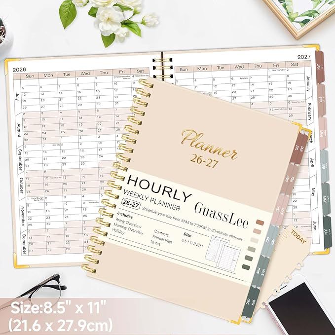 Large 2026-2027 Academic Planner, Weekly & Monthly Appointment Book from Jul. 2026 - Jun. 2027, Work & Life Daily Hourly Planner with Time Slots, Agenda Organizer for Home School, Beige, 8.5" x 11"