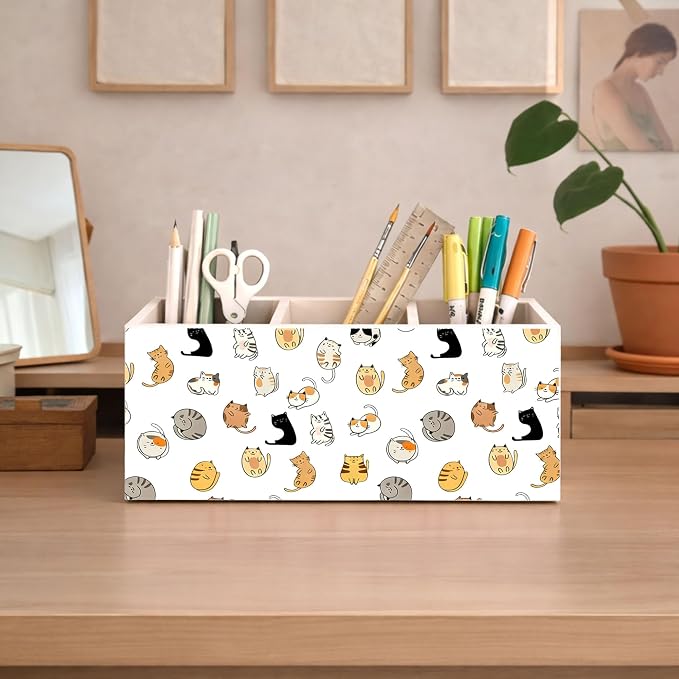 Cartoon Cat Pattern Wooden Desk Organizer | Cute Cat Pen Pencil Holder, 3-Compartment Decorative Office Supply Storage Box for Desk, Home Office, Cat Lover Decor