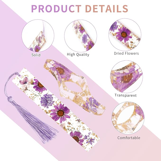 Dried Flower Resin Bookmark and Book Page Holder Set, 4 Pcs Handmade Transparent Thumb Books Page Holder with Tassel, Cute Book Accessories Gift for Reading Lover Students Teachers