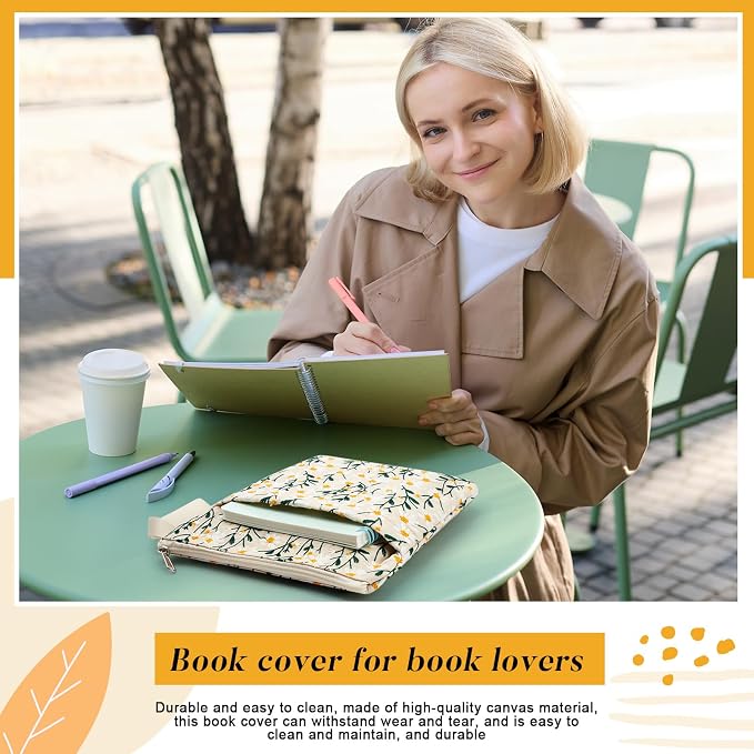 2 Pcs 12''x9'' Embroidered Daisy Book Sleeve with Handle Zipper for Book Lovers Washable Fabric Flower Sleeve Pouch for Paperbacks Hardcover, Christmas Gift for Reader Teacher Women Girls