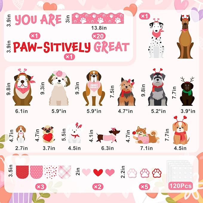 JarThenaAMCS 73Pcs Valentine's Day Pet Dog Bulletin Board Decoration Set Cute Puppy Heart Theme Cutouts for Classroom Wall Decor Wedding Anniversary Supplies