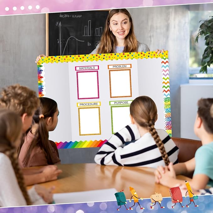 Fuyoooo 90 Pcs Science Fair Board Supplies 60 Trim Scalloped Bulletin Borders 24 Presentation Board Subtitles 6 Science Fair Titles for Classroom Display Boards(Glitter,Wave)