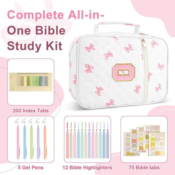 Personalized Initial Bible Cover Case for Women Girls Kid - Large Quilted Bible Case with Handle,Chenille Letter Bag Study Supplies,Christmas Gifts for Christians Birthday Graduation(Pink Bow-O)