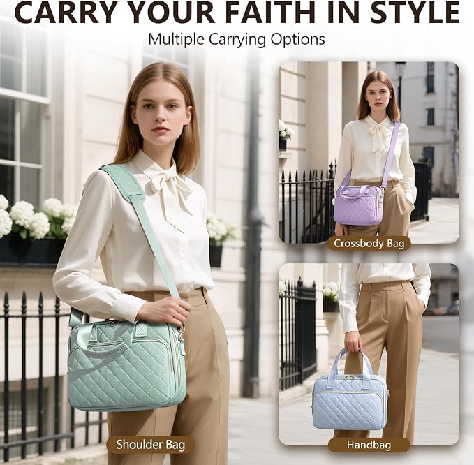 Bible Cover Case for Women, Large Bible Bag Bible Study Supplies Accessories Journaling Kit with Highlighters Tabs, Quilted Book Carrying Cases with Shoulder Strap, Christian Easter Gifts for Women