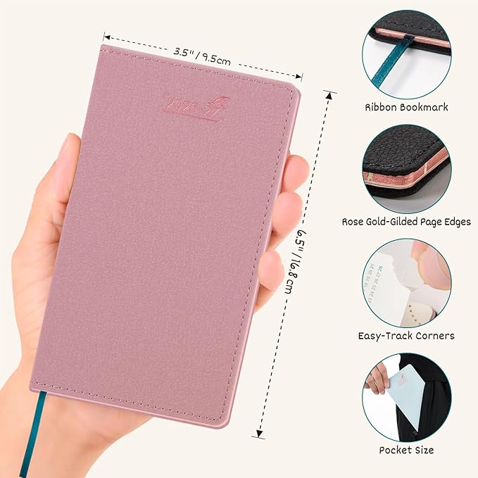 BEZEND Pocket Monthly Planner 2026 2027 Extra Thin & Light (Slim 3.5" x 6.5"), 18-Month Academic Mini Calendar (Jul 26 - Dec 27), Ideal for Students & Professionals, PU Leather Softcover - Pink