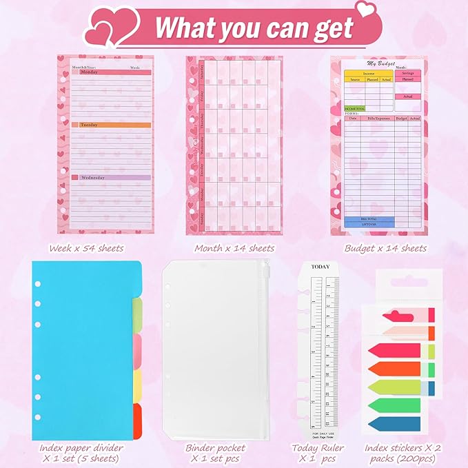 Toplive 7 Pack A6 Planner Inserts Monthly Weekly Planner Refills Expense Budget Sheets with Money Cash Envelopes Divider Today Ruler Stickers for A6 Binder Cover Organizer, Pink