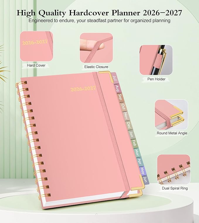 Academic Planner 2026-2027, Hardcover Weekly and Monthly Calendar Planner from July 2026 - June 2027, Daily Agenda Planners with Tabs, College School Organizer for Student Teacher, A5 (6.1" x 8.2"), Pink