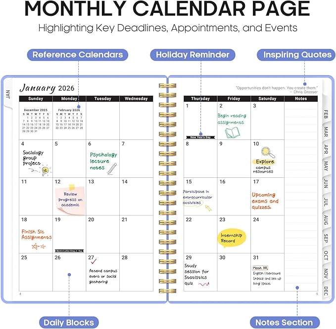2026 Planner, Weekly and Monthly Calender Planner, Jan 2026 to Dec 2026, Hardcover 2026 Calendar Book with Tabs & Inner Pocket, Office Home School Supplies for Women & Men - A5 (6.3" x 8.5"), Lavender