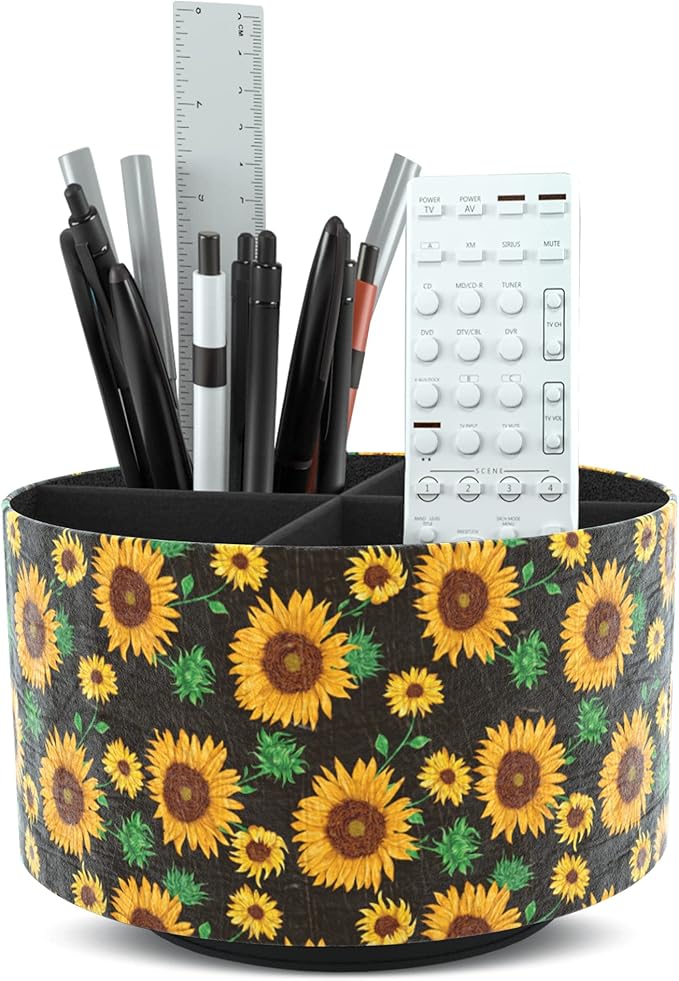 Round Leather Art Supply Organizer,Remote Control Holder,360 Degree Rotating,Multi-Functional Pencil Holder,4 Compartments Desktop Stationary Organizer(1-Sunflower)