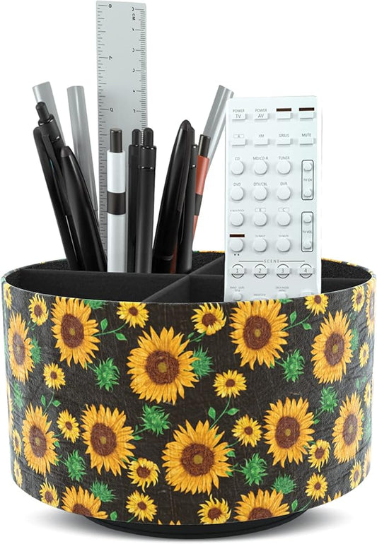 Round Leather Art Supply Organizer,Remote Control Holder,360 Degree Rotating,Multi-Functional Pencil Holder,4 Compartments Desktop Stationary Organizer(1-Sunflower)