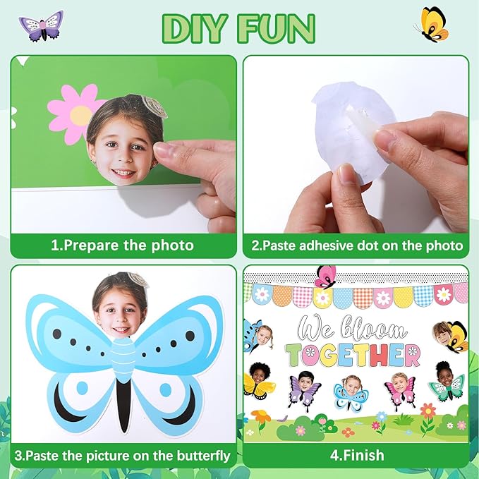 76PCS Spring Classroom Bulletin Board Decorations Set We Bloom Together Butterfly Flower Cutouts with DIY Photo Craft Spring Summer Floral Boarders for School Church Chalkboard Wall Decor Office Home
