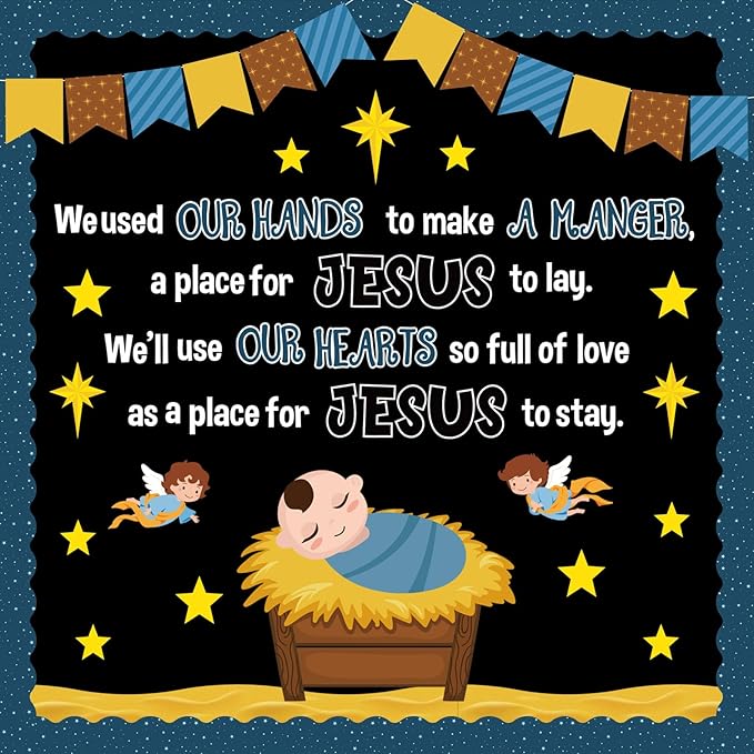 Christmas Baby Jesus Bulletin Board Set Christian Manger Classroom Decorations Religious Nativity Manger with Angels Cutouts for Holiday Church Sunday School Office Wall Display