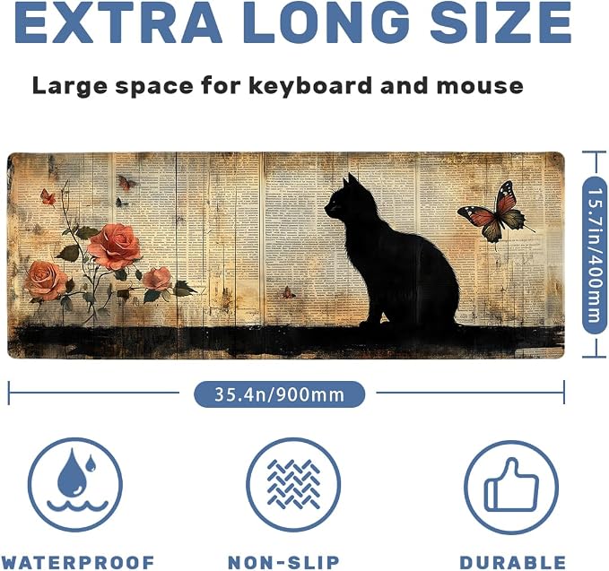 Black Cat Desk Mat 35.4 x 15.7 Inches Rose Butterfly Vintage Book Gaming Mouse Pad with Non-Slip Rubber Base, Smooth Cloth Surface Desk Keyboard Mat for Computer, PC, Laptop, Desktop