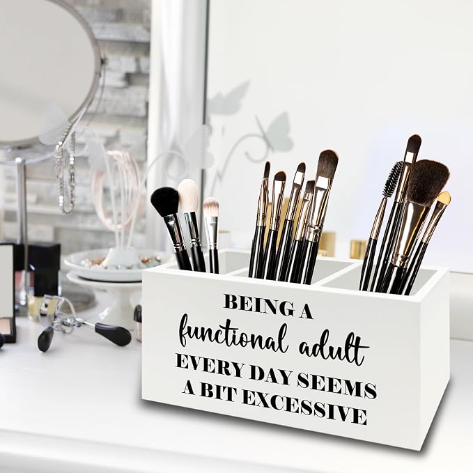Funny Pen Pencil Holder Organizer for Desk, Sarcastic Gifts for Women Men Coworkers, Adult Humor Gifts, Being a Functional Adult Funny Wooden Box Sign for Home Office Desk Tabletop Decorations