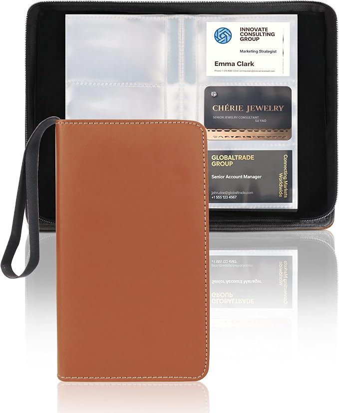 Leather Business Card Book Holder Organizer, Professional Name Card Book Holder with 300 Card Capacity, Portable PU Credit Card Wallet File Sleeve Storage for Men Women,50 Pack Sleeves (Reddish Brown)