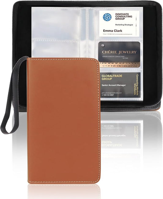 Leather Business Card Book Holder Organizer, Professional Name Card Book Holder with 300 Card Capacity, Portable PU Credit Card Wallet File Sleeve Storage for Men Women,50 Pack Sleeves (Reddish Brown)