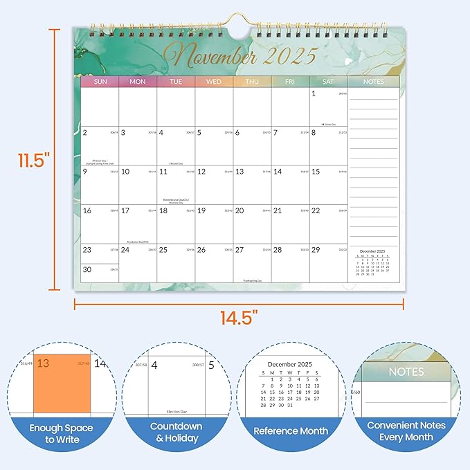 SUNEE 2026 Calendar- 18 Months Wall Calendar Oct. 2025 - Mar. 2027, 14.5"x11.5" Big Grid Hanging Calendar with Note for Organizing & Planning, Watercolor