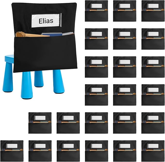 24PCS Chair Pockets for Classrooms 15 x 14 inch | Oxford Black Chair Back Buddy Pockets with Name Slot & Tags, Back of Chair Organizer for Classroom Chairs Seat Storage
