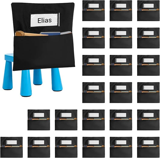 24PCS Chair Pockets for Classrooms 15 x 14 inch | Oxford Black Chair Back Buddy Pockets with Name Slot & Tags, Back of Chair Organizer for Classroom Chairs Seat Storage