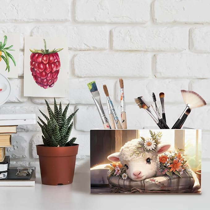 Floral Lamb Pen Holder for Desk, Sheep Gifts for Women Pencil Organizer, Rustic Farmhouse Flower Lamb Wooden Box Sign Desk Decor for Home Office Decoration