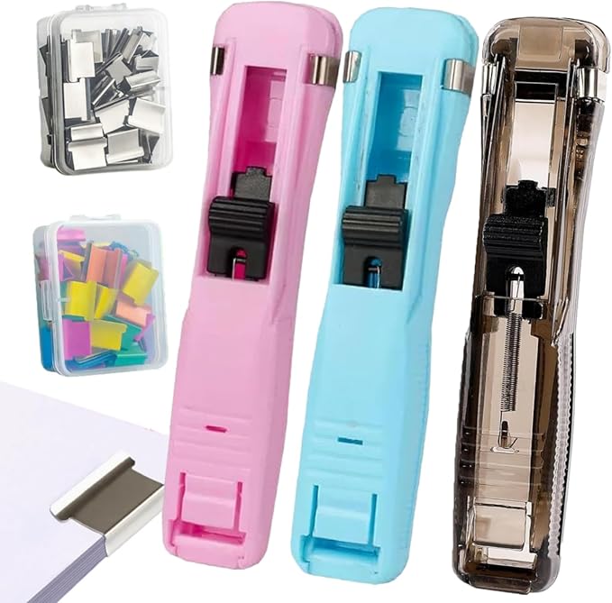 Portable Binder Clip Stapler, Includes 100 Reusable Clips, Mini Push Stapler Clamp Staplers for Desktop Document Home School Desk Office (Pink+Blue+Brown)