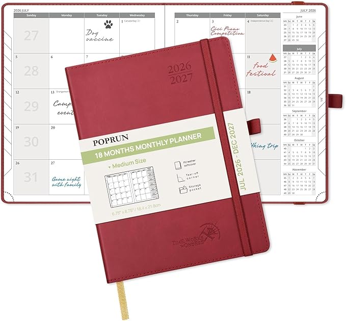 POPRUN Monthly Planner 2026-2027 (Medium- 6.5'' x 8.5'' Soft Cover), 18-Month Calendar Book (Jul.2026-Dec.2027), Calendar Planner with Monthly Tabs & Pocket, 100 GSM Paper - Burgundy