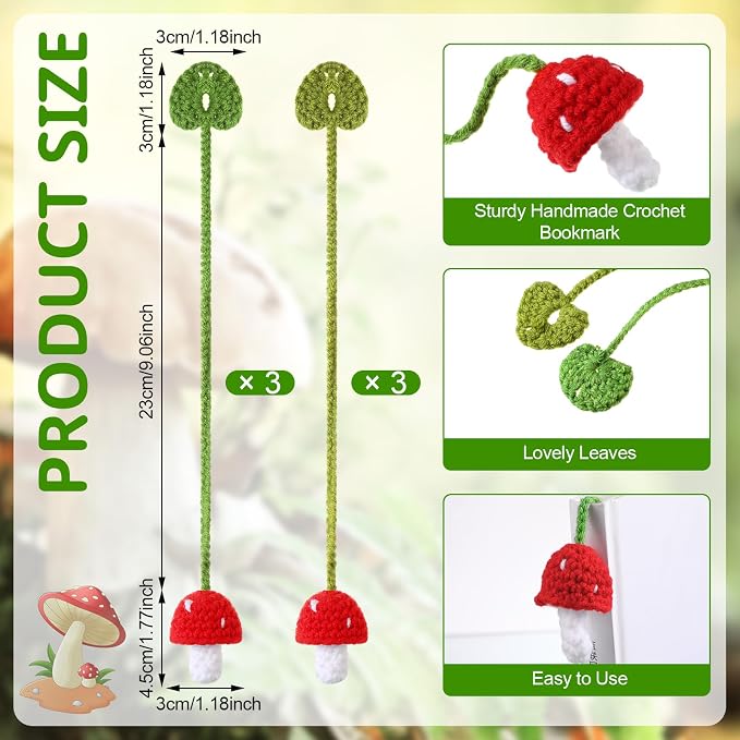 6 Pcs Crochet Bookmarks Mushroom Plant Handmade Knitted Bookmarks Crochet Page Markers Curtain Tiebacks Appreciation Gifts for Readers Teachers Mother Book Lovers Cottagecore Decor