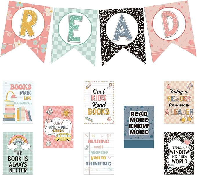 Reading Classroom Decorations Library Posters Bulletin Board Sets for Elementary Classroom Pennants Decor for Back to School Nursery Library Teacher Supplies(Bohemian Colors)