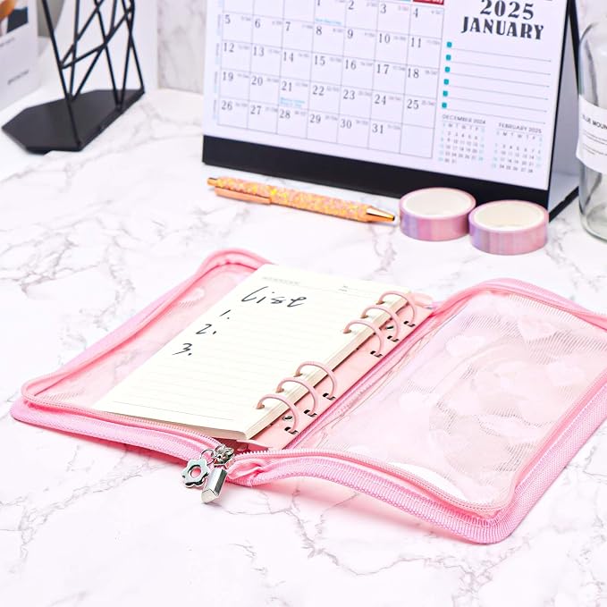 NatSumeBasics Pink A6 Binder Zipper Cash Envelope Wallet 6 Ring Lace Zip Budget Binders Cover for Journaling Planner (Zipper Pink A6 Binder)