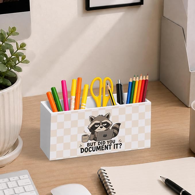 Funny Raccoon Pen Pencil Holder for Desk, Human Resource HR Gifts, Raccoon Gifts, But Did You Document It Checkered Wooden Pencil Holder Organizer Desk Accessories Decor for Home Office