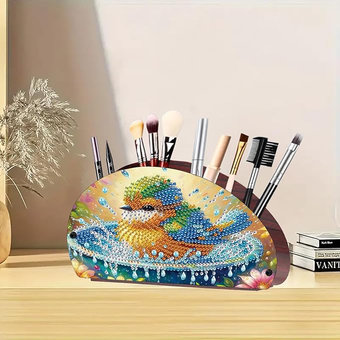 Remote Control Holder with 4 Compartments, DIY Diamond Art Painting Wooden Half Moon TV Control Holder for Remote Controllers, Office Supplies, Makeup Brush, Media Accessories-Bird