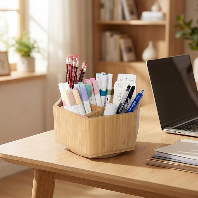 360° Rotating Bamboo Desk Organizer Hexagon Art Supply Holder Office Storage for Colored Pencils, Crayons, Paint Brushes, and Makeup Cosmetics