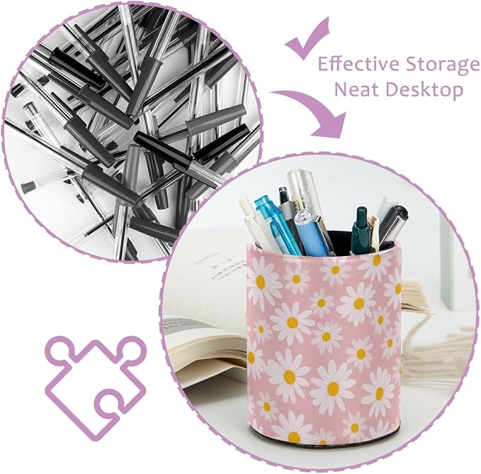 Cute Pink and Daisy Wildflowers Leather Pen Holder for Desk, Multifunctional Desktop Organizer Pencil Cup, Desktop Caddy Stationery Organizer for School Home Office Desk Accessories