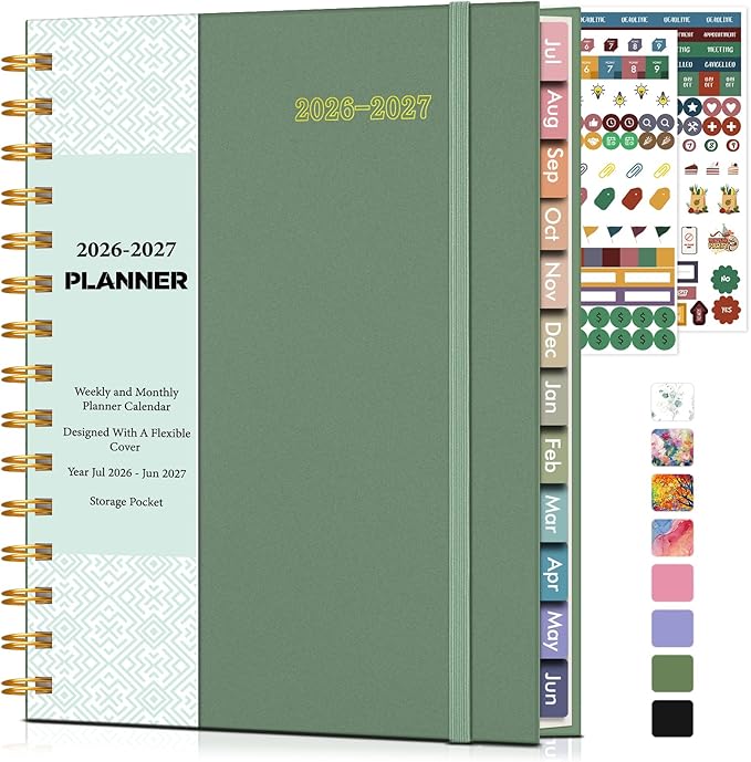Academic Planner 2026-2027, Weekly and Monthly Calendar Planner from July 2026 - June 2027, 6.1" x 8.2" A5 Large Daily Agenda Book with Tabs, Flexible Cover, College School Organizer for Student Teacher,Green