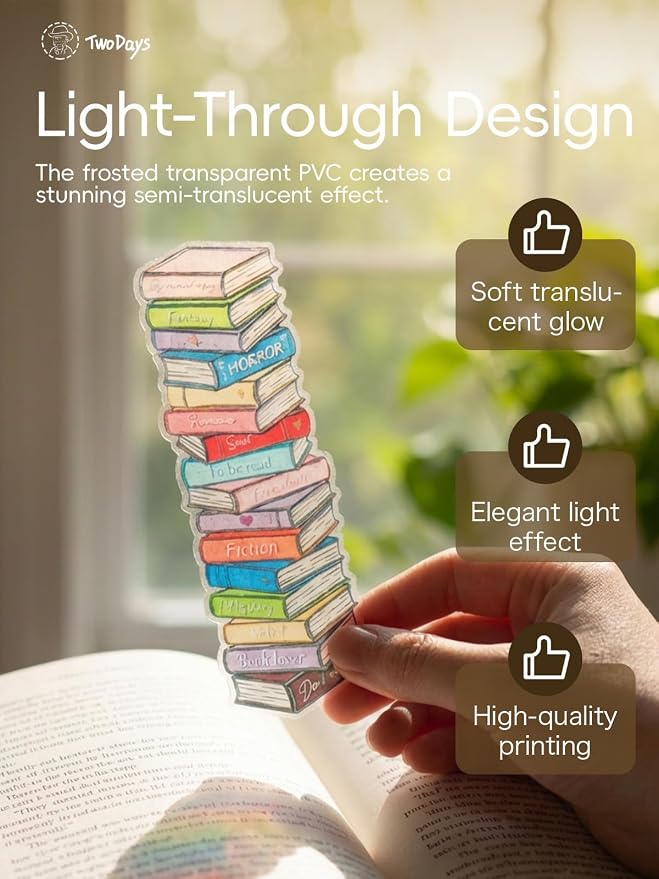 TwoDays Book Stack Stained Glass Transparent PVC Bookmarks - Romance & Fantasy Tropes Design, Dark Romance Themed Merch for Reading Women, Unique Bookish Gifts for BookTok (Set of 3, 6'' x 2'')