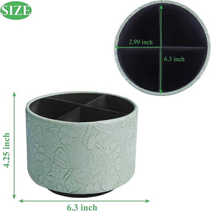 Round Leather Art Supply Organizer,Remote Control Holder,360-degree Rotating Pen Organizer with 4 Compartments(1-Butterfly Green)